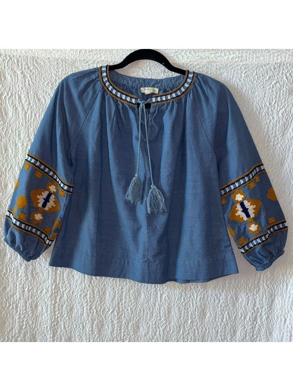 Rebellion Again Embroidered Chambray Puff Sleeve Blouse